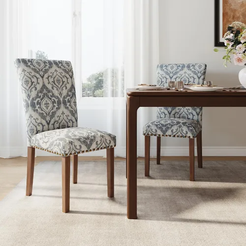 Miniatura 20 de Juego de 2 sillas de comedor de granja, respaldo alto con patas de madera y ribete de cabeza de clavo, silla de comedor de tela moderna