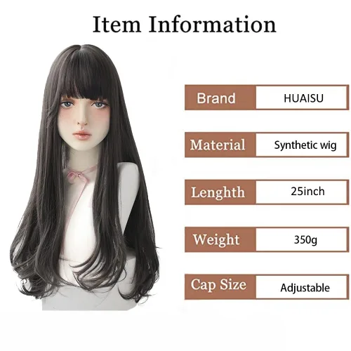 Miniatura 2 de Peluca larga negra con flequillo, peluca de cabello natural para mujer, peluca de cosplay (negro, 25 pulgadas)