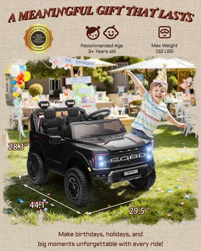 Miniatura 8 de First Ride On Juguetes de paseo de 24V para niños grandes, Ford F-150 Raptor con licencia de 2 asientos, auto de paseo para niños con control Negro