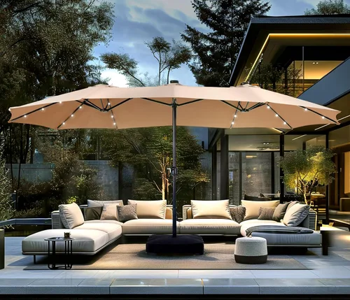 PHI VILLA Sombrilla de patio grande de 15 pies con base y luces solares, paraguas rectangular de doble cara para exteriores con 36 luces LED, Beige