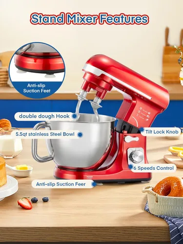 Miniatura 6 de Batidora con pedestal Fohere, con doble gancho para masa, látigo de alambre y batidora, batidora eléctrica de cocina con soporte, 5.5QT, mezclador