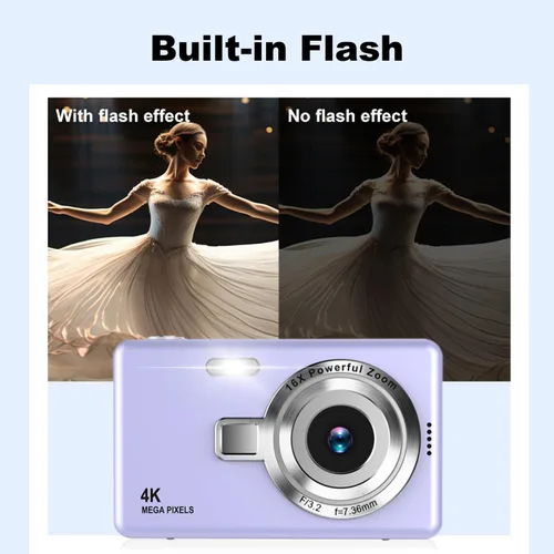 Miniatura 4 de Cámara digital, enfoque automático UHD 4K 50MP cámara de vlogging para fotografía con tarjeta SD de 32 GB, zoom 16X, antivibración, cámaras Púrpura