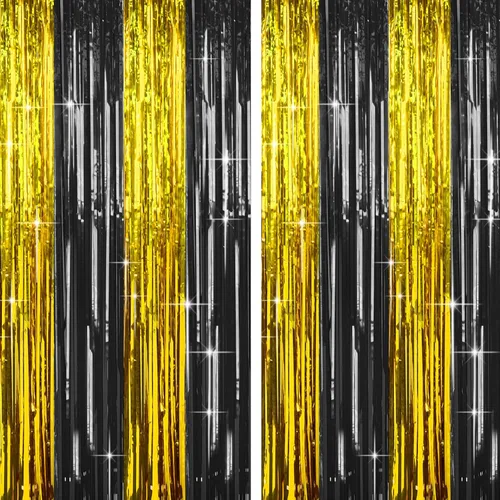 Miniatura 20 de Paquete de 4 cortinas de flecos de papel de aluminio negro, fondo de oropel metálico con purpurina para cumpleaños, bodas, despedidas de soltera