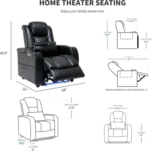 Miniatura 3 de Airadlis Asientos de cine en casa, sillas de cine de doble potencia, sofá reclinable de teatro con iluminación ambiental de 7 colores, almohada