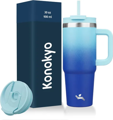 Miniatura 29 de Konokyo - Vaso de 40 onzas con asa y 2 pajillas, botella de agua aislada 2 en 1 con tapa. Taza de viaje de acero inoxidable para café, flores