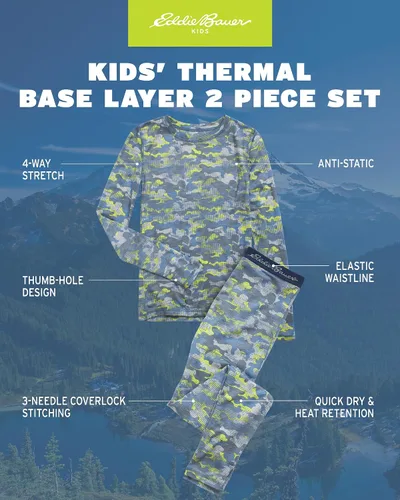 Miniatura 2 de Eddie Bauer Conjunto de ropa interior térmica para niños, camisa de capa base de rendimiento de 2 piezas y pantalones térmicos para niños y niñas
