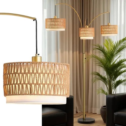 Miniatura 10 de Lámpara de pie de ratán para sala de estar, lámpara de pie boho de 80 pulgadas de altura con interruptor giratorio, lámpara de arco de 3 luces