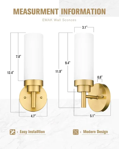 Miniatura 4 de Emak Apliques de Pared Juego de 2, Aplique de Pared Moderno de Baño Dorado Cepillado con Pantalla de Vidrio Esmerilado para Baño, Dormitorio, Sala