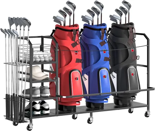Miniatura 9 de Golf Bag Storage Organizer for Garage, Single Golf Bag Garage Organizer with Golf Club Rack, Shoe Shelves & Ball Storage, Rolling Golf Storage Rack