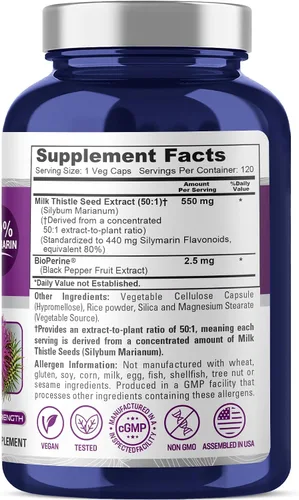 Miniatura 2 de NusaPure Cápsulas de cardo mariano, 550 mg, 120 cápsulas vegetales (sin OMG, veganas)