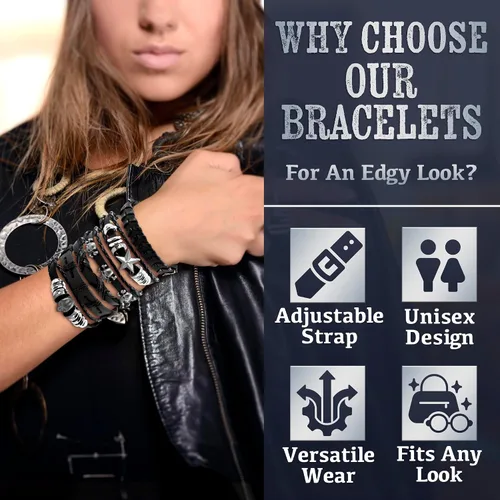 Miniatura 5 de 6 pulseras emo de cuero para hombres y mujeres, joyas góticas ajustables punk rock, diseños de estrellas de calavera, se adapta a muñecas de 7 a 11
