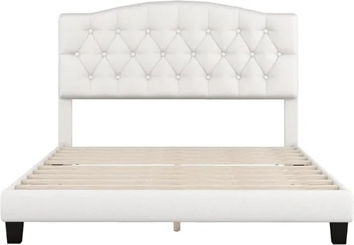 Miniatura 4 de DSHADE Base de cama Queen con plataforma tapizada de lino moderno, base de cama de madera maciza beige con cabecero, detalles capitoné de diamante