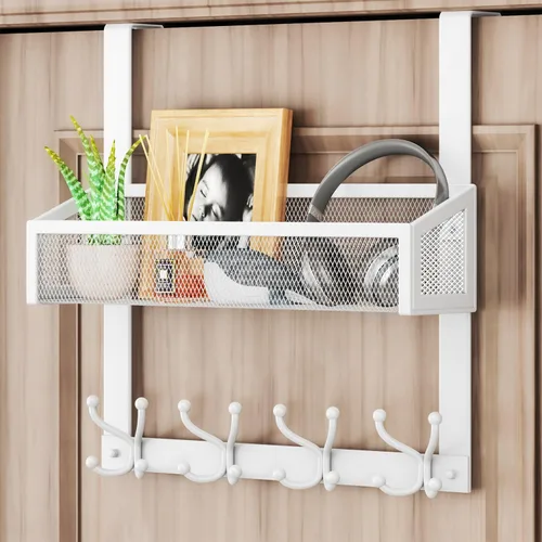 Miniatura 8 de HapiRm Ganchos para colgar sobre la puerta, fácil instalación, con cesta y 16 ganchos, organizador de almacenamiento de acero inoxidable 304