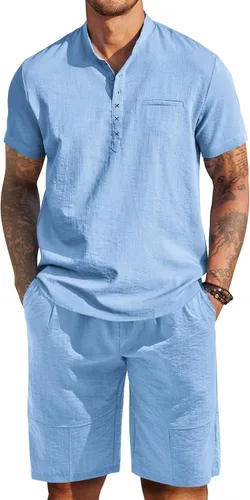 COOFANDY Conjunto de 2 piezas de lino para hombre, camiseta Henley de manga corta y pantalones cortos de verano para la playa y yoga, Azulclaro