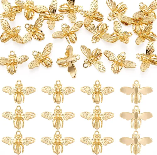 FASHEWELRY 20 dijes de abejas de latón chapados en oro de 18 quilates, dijes de abeja dorados, dijes de joyería rellenos de oro con anillo de salto