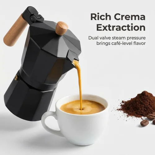 Miniatura 4 de Cafetera italiana de aluminio Moka Pot Espresso (3 tazas) (6 tazas) (9 tazas) (Beige+madera, 3 tazas de espresso)