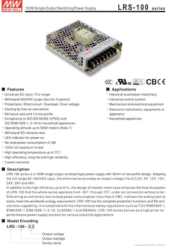 Miniatura 3 de MEAN WELL lrs-100 – 12 conmutación fuente de alimentación, salida única, 12 V, 8.5 A, 102 W, 5.08" L x 3.82" W x 1.18" H