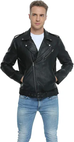 Miniatura 4 de Fahsyee Leather Jackets for Men, Faux Bomber Jacket Men Motorcycle Lapel Asymmetric Zip-Up Blet Slim Fit Biker Coat
