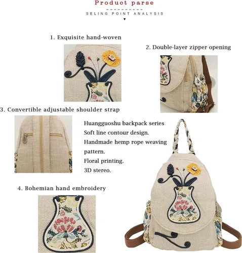 Miniatura 117 de HUANGGUOSHU Mochila de algodón tejida de algodón bohemio con bordado de lona estilo bohemio con múltiples bolsillos retro linda mochila cartera