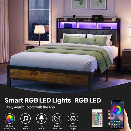 Miniatura 4 de Welzona Base de cama de tamaño matrimonial con estación de carga, cama LED con cabecera de almacenamiento tapizada, sólida y estable, sin ruido,