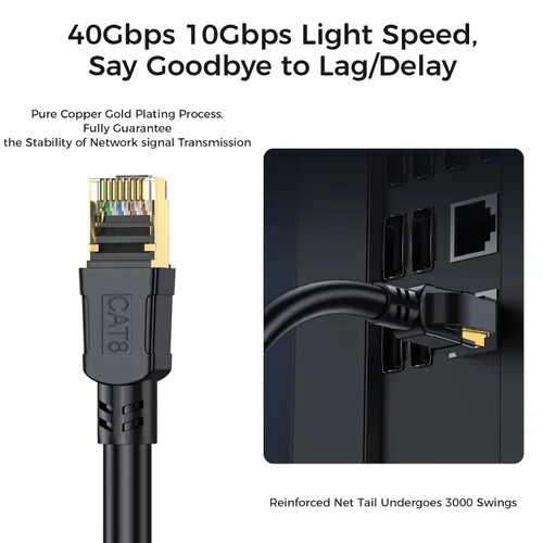 Miniatura 4 de Cable Ethernet Cat 8 de 50 pies, cable de conexión LAN de alta velocidad de 40 Gbps 2000 Mhz con conector RJ45 chapado en oro, cable de Internet