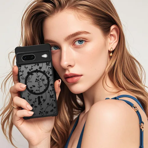 Miniatura 7 de Funda magnética para Google Pixel 7 [compatible con MagSafe] Bonita funda con patrón floral de flores negras para mujeres y niñas, TPU suave, parte