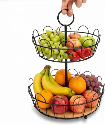 HANZE Soporte de cesta de frutas de granja de 2 niveles, estante de almacenamiento de encimera de frutas y verduras, multifuncional, desmontable,