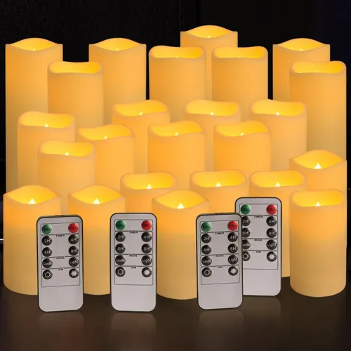 YOROXRG Set de 24 velas sin llama impermeables para exteriores, velas LED con 4 controles remotos y temporizador, (4 pulgadas, 5 pulgadas, 6 Paquete
