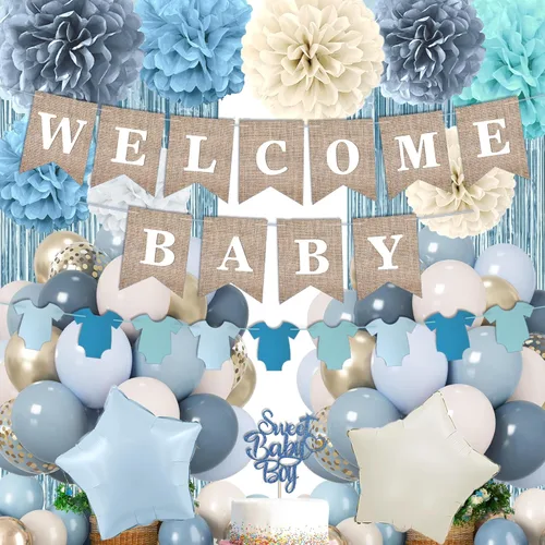 Miniatura 10 de Decoración de baby shower rosa polvoriento, juego de decoración de baby shower para niña con pancarta de bienvenida para bebé, pompones de papel