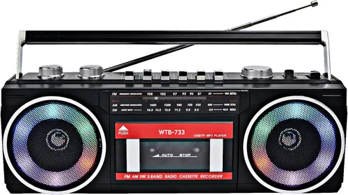 Reproductor de casete retro de los 80 con radio AM/FM/SW, Boombox Bluetooth, USB, MIC incorporado para grabación de voz, luces RGB coloridas,
