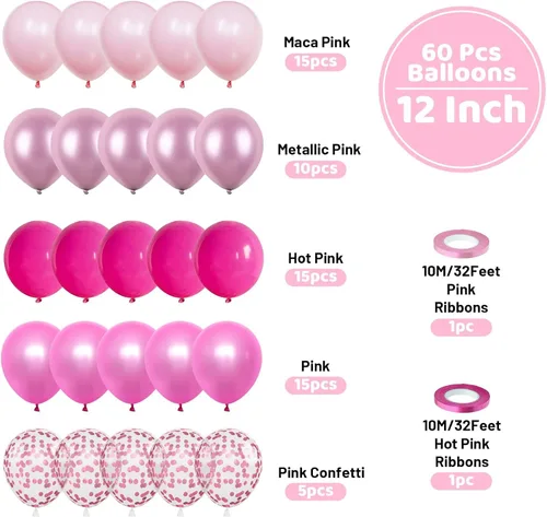 Miniatura 2 de Funhot - Set de globos rosados, 60 globos de látex rosa intenso, 30,5 cm, globos de confeti rosa, globos de fiesta metálicos rosa pastel, helio