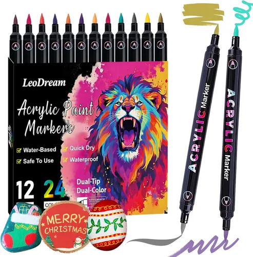 LeoDream Marcadores de pintura acrílica de doble punta de 24 colores, paquete de 12 marcadores para colorear con punta de pincel para adultos,