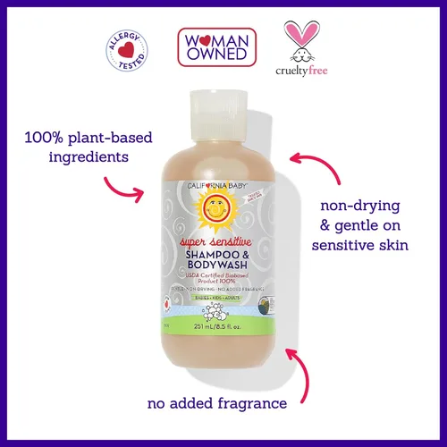 Miniatura 3 de California Baby Champú para bebé súper sensible + lavado de bebé, 100% a base de plantas, gel de baño sin perfume para pieles sensibles
