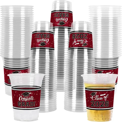 Gatherfun Celebración de la clase de 2026 – 100 vasos de plástico de graduación granate de 16 onzas para vasos resistentes y duraderos para fiestas