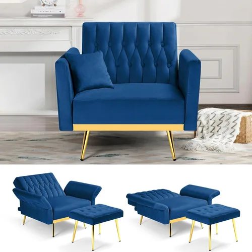 Silla decorativa de terciopelo con respaldo y reposabrazos ajustables, sillón reclinable individual con otomana y patas mentales doradas para sala