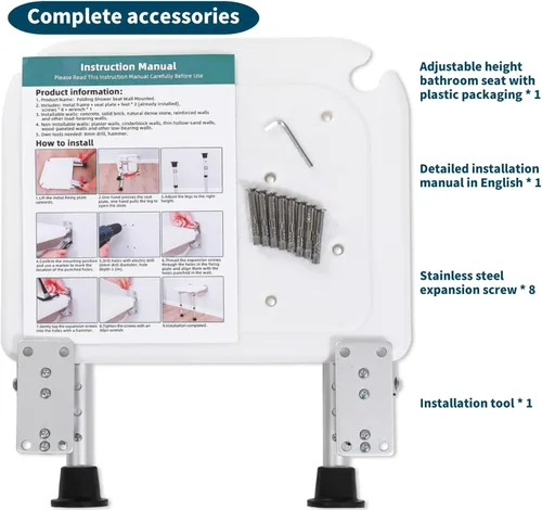 Miniatura 6 de Silla de pared plegable de altura ajustable de 5 velocidades (16.5-20.4 pulgadas) con una capacidad de peso de 400 libras, adecuada para baños