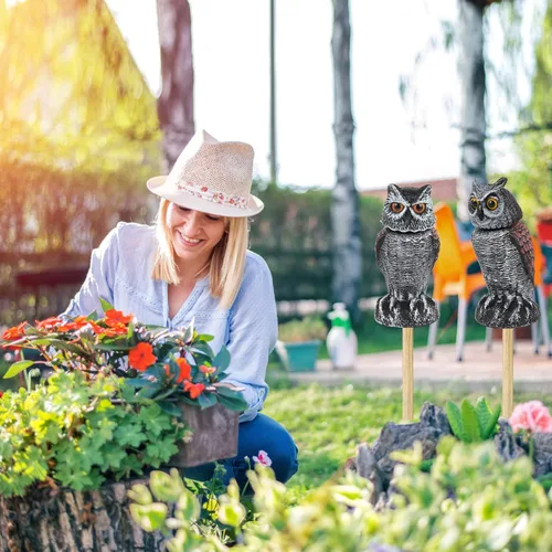 Miniatura 6 de Hedoc 2 Pack Señuelos de búho falso para ahuyentar a los pájaros, cabeza giratoria Disuasivos de aves, estatuas de plástico de espantapájaros