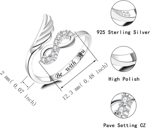 Miniatura 6 de oGoodsunj Infinity Angel Wing Ring 925 Sterling Silver Guardian Feather Necklace Pendant Jewelry Gift for Women Girls