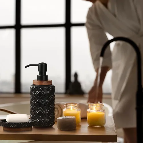 Miniatura 5 de RQYIXI - Juego de accesorios de baño de 4 piezas, soporte para cepillo de dientes, dispensador de jabón, decoración de baño de cerámica y madera