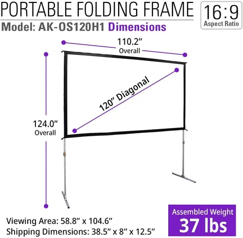 Miniatura 5 de Akia AK-OS120H1 - Pantalla de proyector de 120 pulgadas con soporte y bolsa de transporte para uso en interiores y exteriores - Pantalla portátil