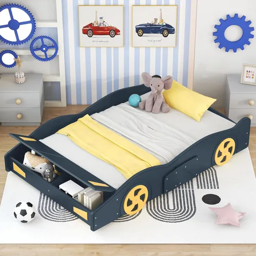 CITYLIGHT Camas de automóvil de tamaño matrimonial para niños, marco de cama matrimonial en forma de auto de carreras con ruedas y almacenamiento,