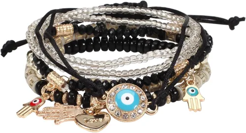 Miniatura 8 de Budsmile Pulseras bohemias de cuentas elásticas para mujeres y niñas, juego de pulseras apilables en múltiples capas, dijes multicolor hechos a