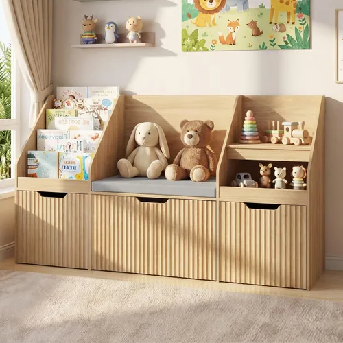 Miniatura 6 de Vabches Estantería infantil con rincón de lectura, organizador de almacenamiento de juguetes con cojín de asiento y 2 cajones móviles, organizador