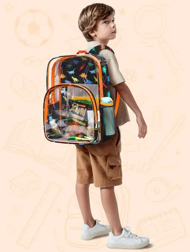 Miniatura 7 de BLUEFAIRY Mochila transparente para escuela, estadio, mochila transparente aprobada para niños, resistente PVC, bolsa grande transparente, Naranja