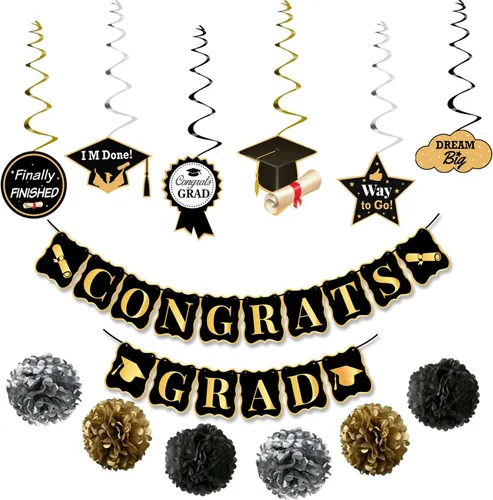 KatchOn, Decoraciones de fiesta de graduación negras y doradas 2026 – Paquete de 13 | Remolinos colgantes de graduación para fiesta de graduación |