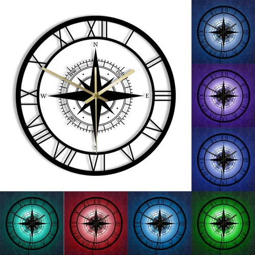 The Geeky Days Black Wind Rose Compass exclusivo reloj de pared silencioso con LED 7 colores cambiantes, mapa de dirección náutico decoración