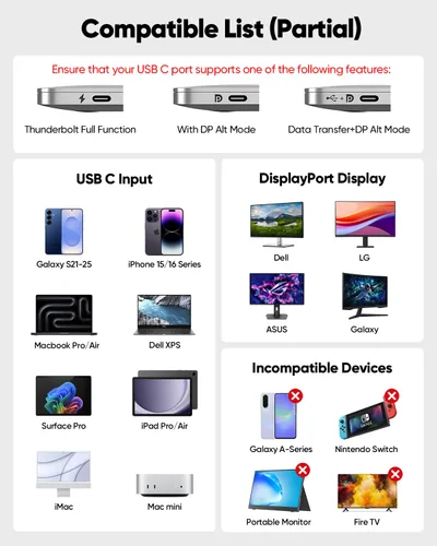 Miniatura 8 de Cable USB C a DisplayPort 1.4 de 1 pie, 8K a 60 Hz, cable corto USBC a DisplayPort 1.4 4K a 240 Hz compatible con Thunderbolt 5/4/3, MacBook