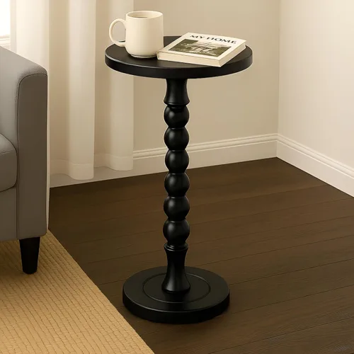 Miniatura 2 de Mesa auxiliar redonda para espacios pequeños, mesa de bebidas con pedestal de madera de roble, mesa auxiliar moderna para sala de estar, dormitorio