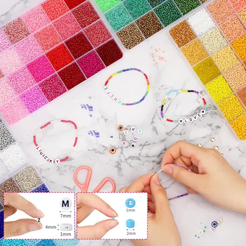 Miniatura 6 de QUEFE 62000 piezas 120 colores cuentas de semillas de vidrio para hacer joyas, cuentas mini de 2 mm con accesorios, kit de pulseras de amistad