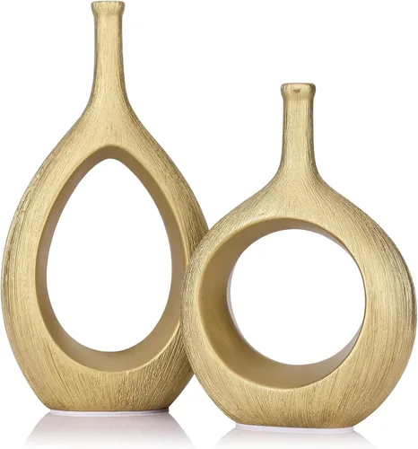 LCCCK - Juego de 2 jarrones de cerámica dorados mate - Jarrón decorativo estético acanalado y hueco, pieza central moderna de mesa de granja, Lujo/F